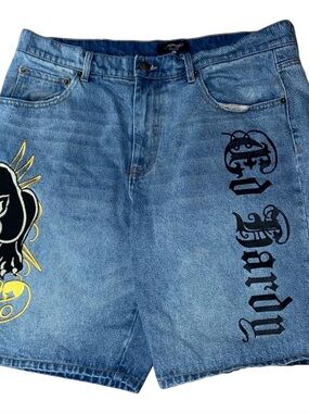 Ed Hardy Shorts 36 Mens Denim Crouching Panther Skater Skull Bermuda Jorts (N)